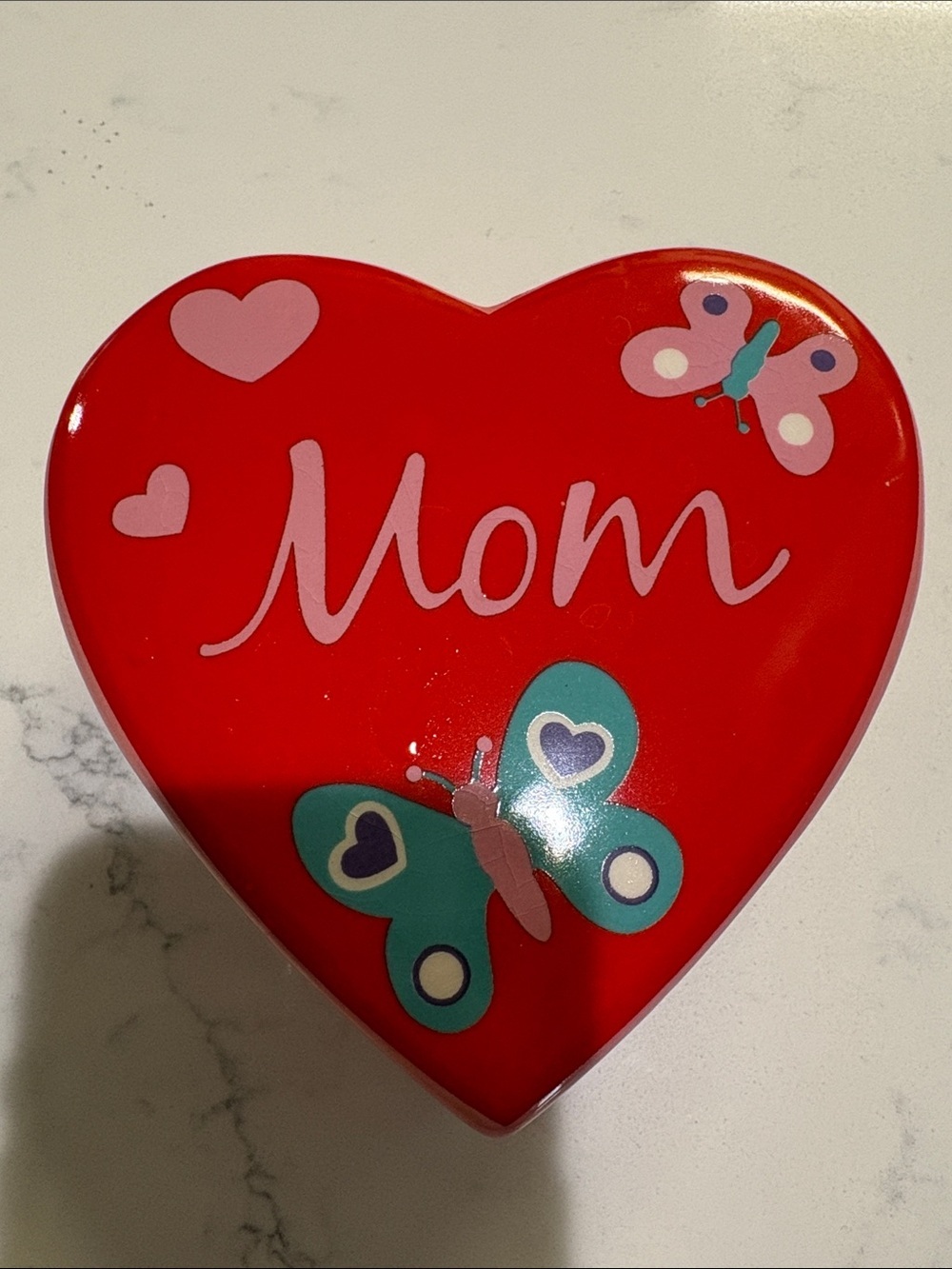 Heart-Shaped "Mom" Tin with Butterflies - Red
